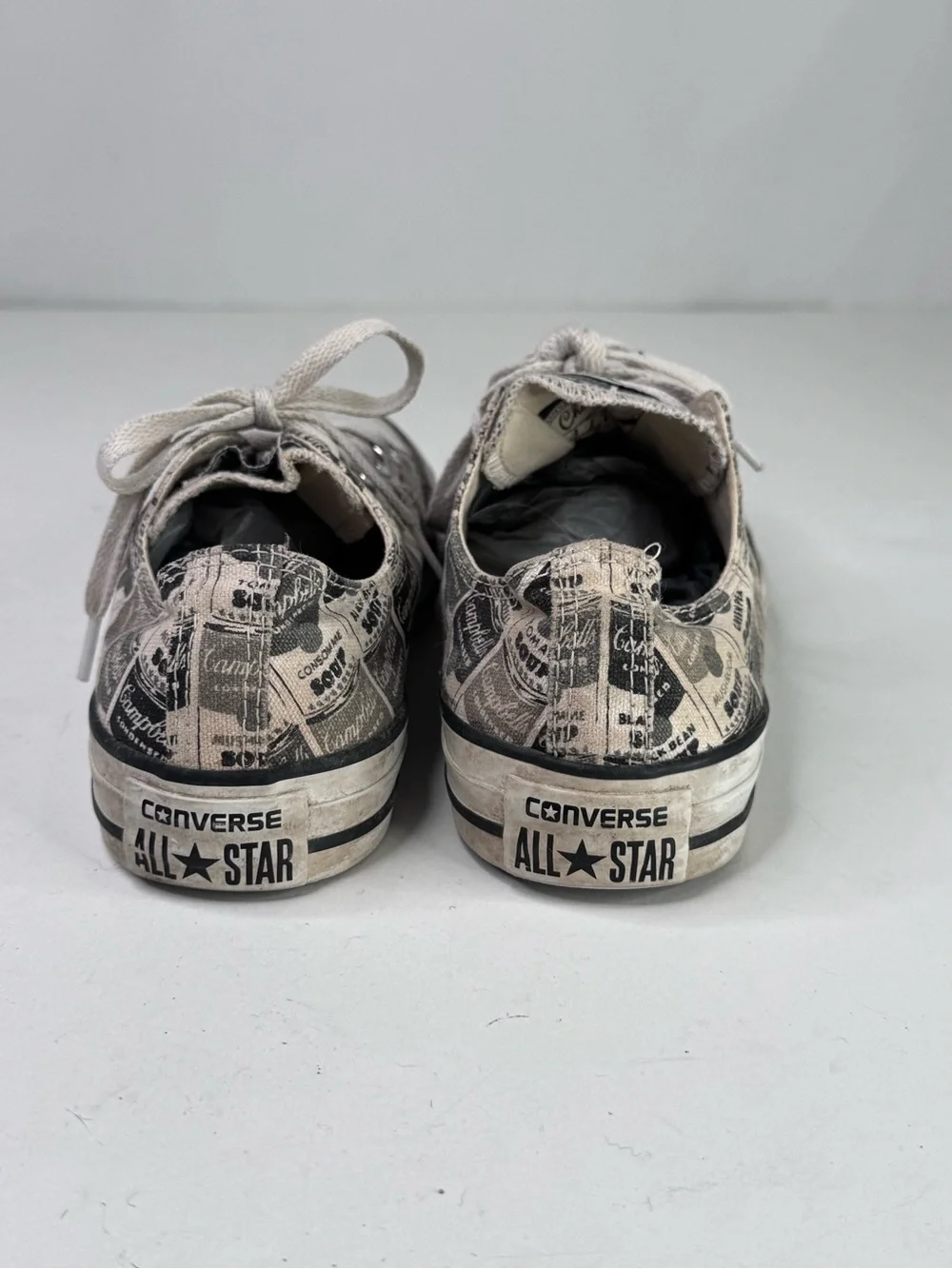 Converse Low Top Sneakers in Grey and Andy Warhol Campbells Soup print size 5